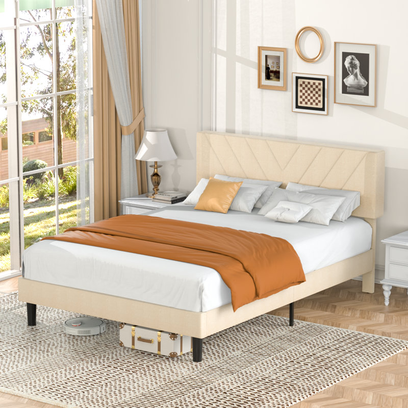 Latitude Run Bed Frame with Fabric Upholstered Headboard No Box Spring Needed Latitude Run Color Beige Size King